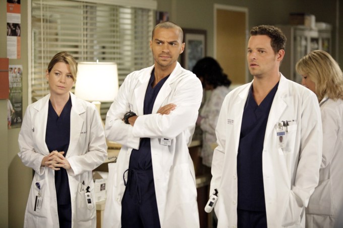 Jesse Williams, Ellen Pompeo and Justin Chambers on set of ‘Grey’s Anatomy’
