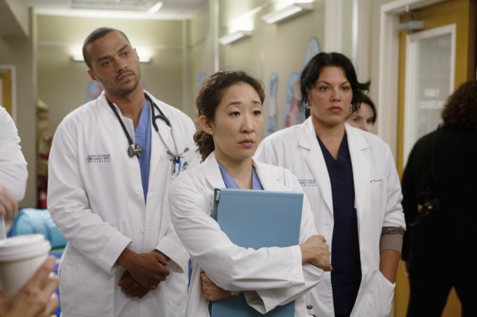 Jesse Williams, Sara Ramirez, and Sandra Oh in a scene for ‘Grey’s Anatomy’