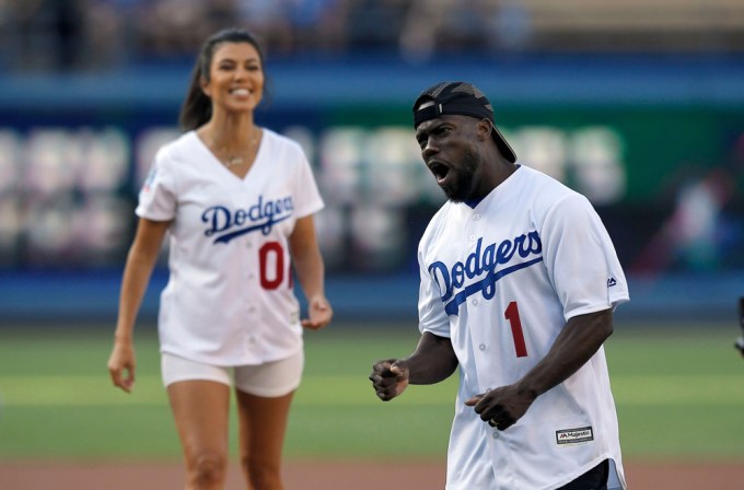 Kevin Hart throws a pitch at a Dodgers Game