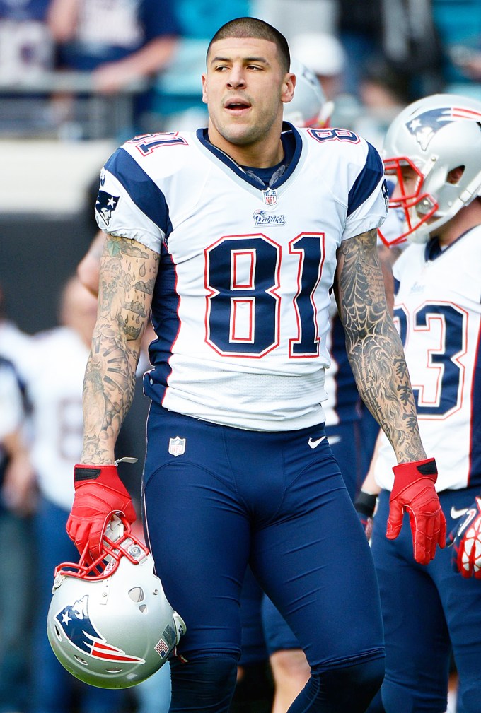 Aaron Hernandez warms up prior to an NFL football game