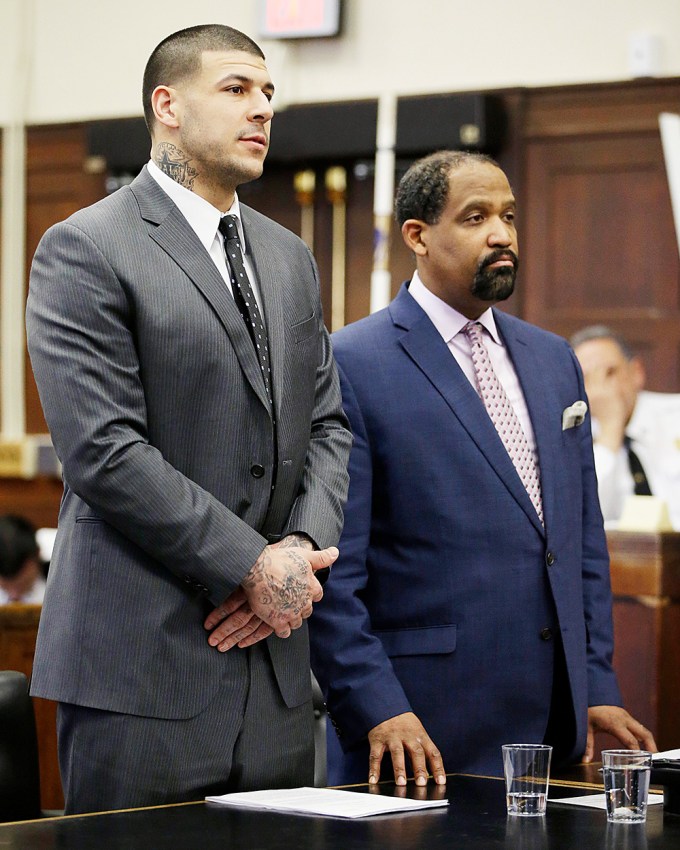 Aaron Hernandez with his lawyer during a court hearing