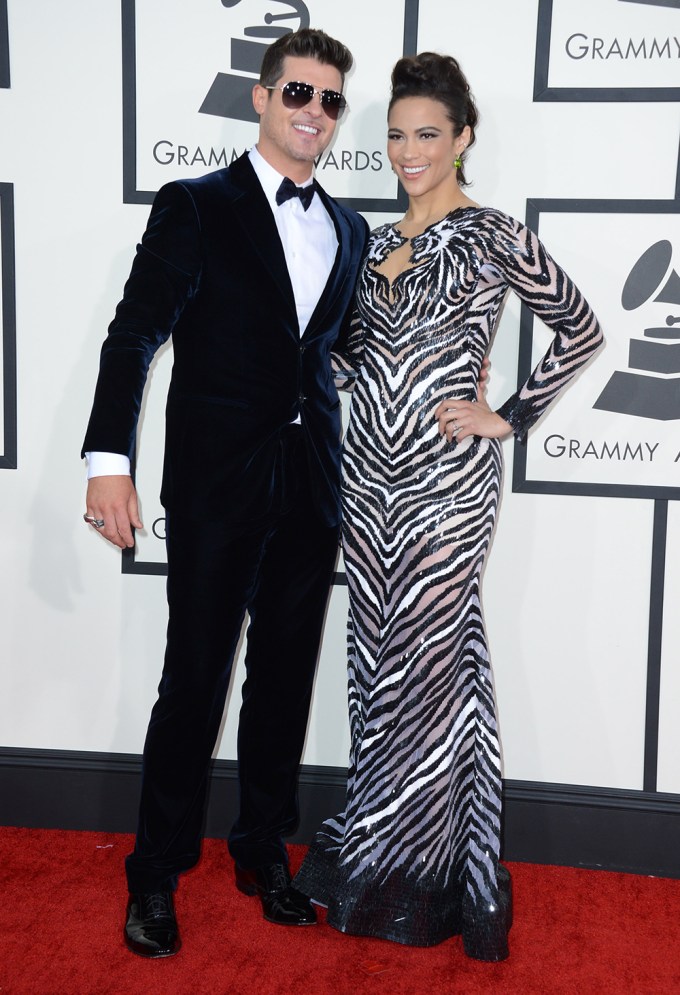 Paula Patton and Robin Thicke at the The 56th Annual GRAMMY Awards