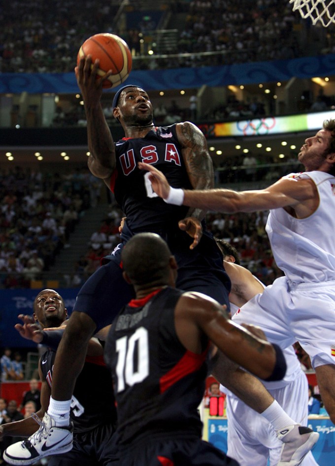 LeBron James jumping toward a basket