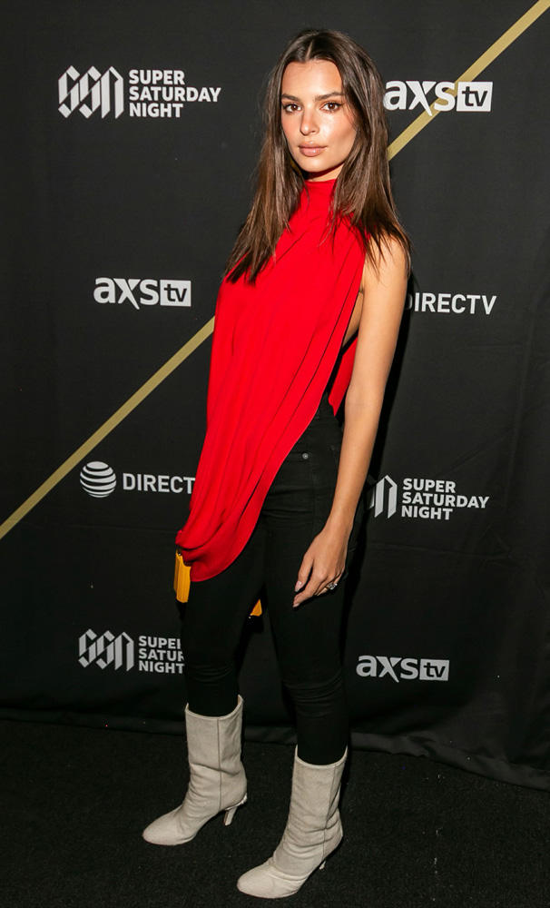 Emily Ratajkowski Wearing A Red Turtleneck Top