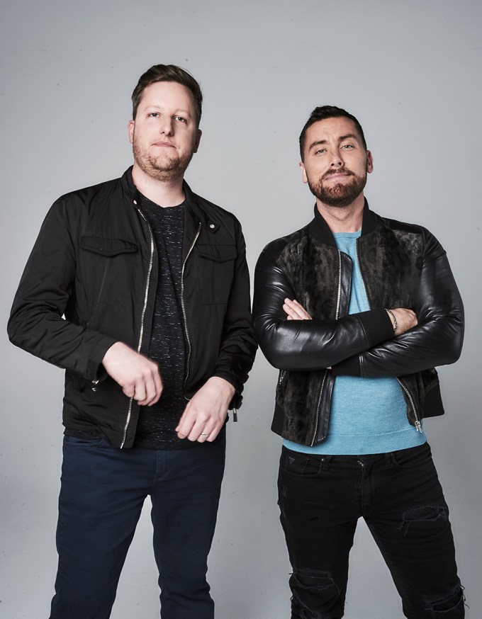 Lance Bass and Aaron Kunkel pose for a Portrait Session at PMC Studios