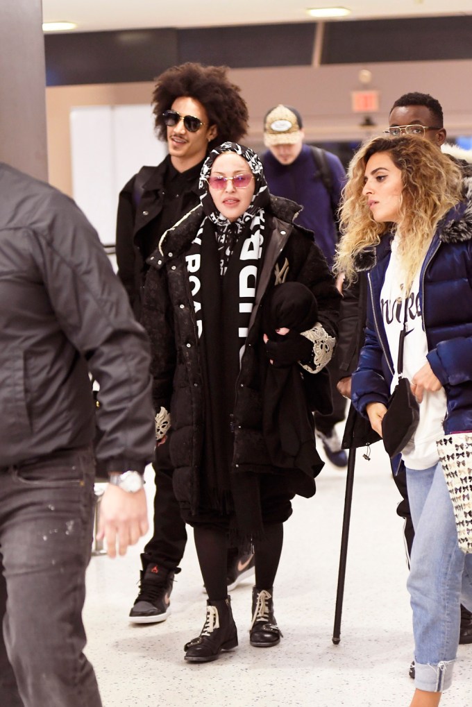 Madonna And Her Boyfriend Ahlamalik And Her Kids Are Seen Arriving At JFK International Airport