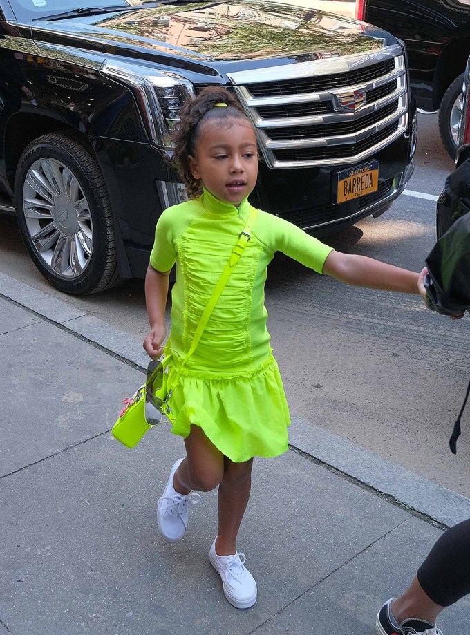 North West rocks a wavy pony & neon threads in NYC
