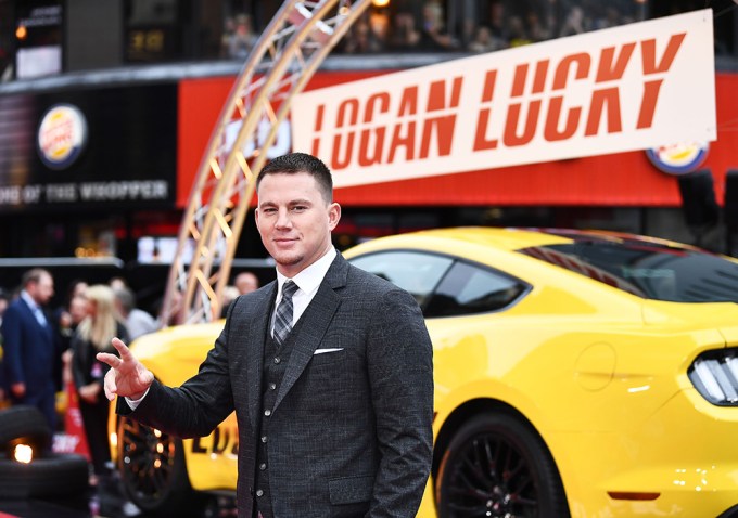 Channing Tatum waves at the ‘Logan Lucky’ film premiere