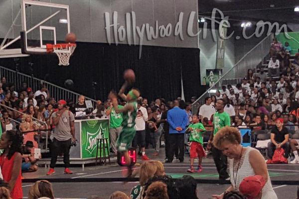 Chris Brown plays at a celebrity basketball game