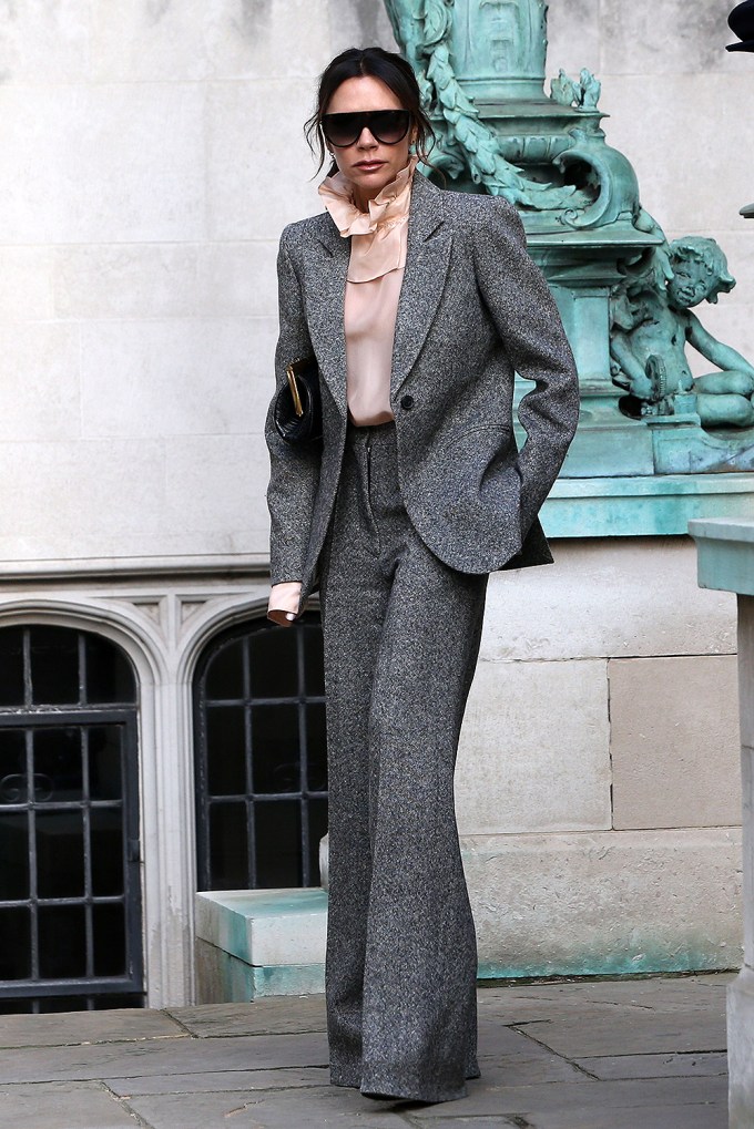 Victoria Beckham in a gray outfit