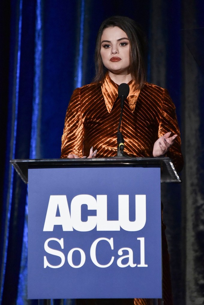 Selena Gomez speaking at the 2019 ACLU SoCal’s Annual Bill of Rights Dinner