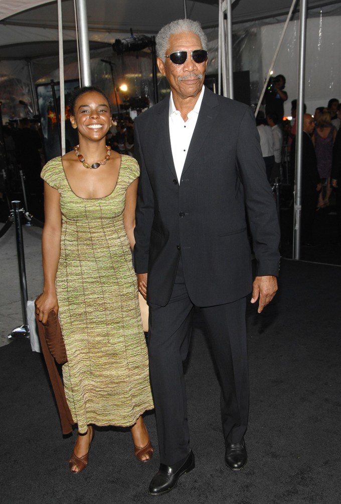 Morgan Freeman and his step-granddaughter E’Dena Hines attend the Premiere ‘The Dark Knight’