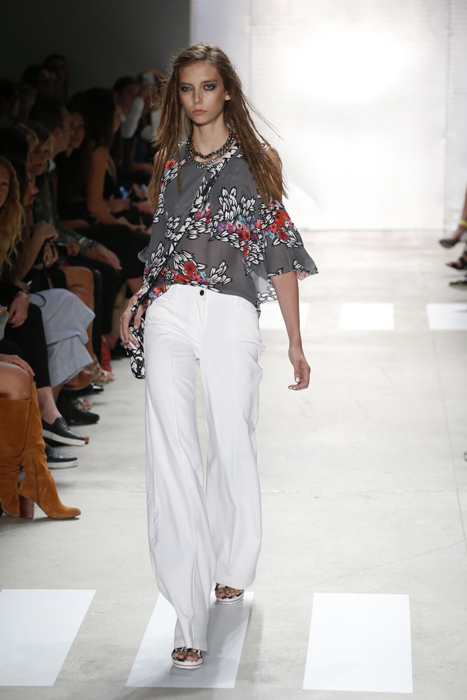 White pants & floral blouse at Nicole Miller Spring 2016