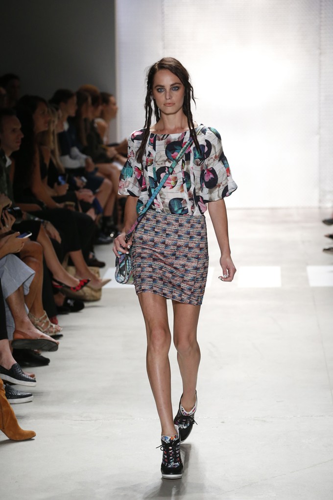 Patterned top & mini skirt at Nicole Miller Spring 2016