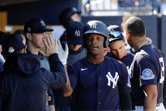 Josh Stowers celebrates with teammates during the Tigers vs. Yankees Baseball Game