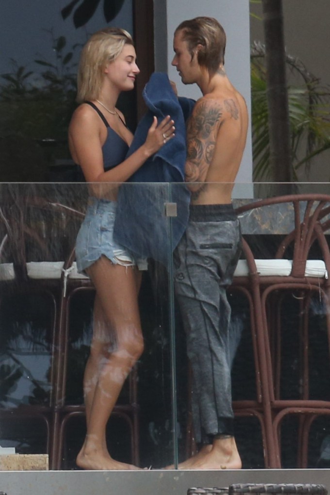 Justin Bieber & Hailey Baldwin during a pool date in Miami