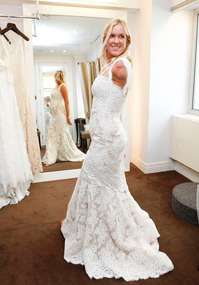 Bethany Hamilton tries on a wedding dress