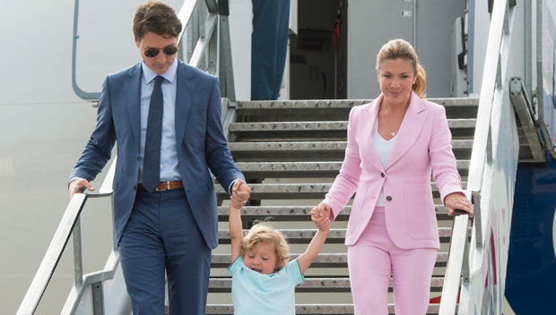 Canadian PM Justin Trudeau & Wife Swing Son, 3, Down Airplane Stairs