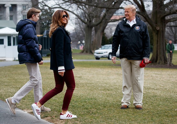 Donald, Melania, and Barron Trump outside the White House