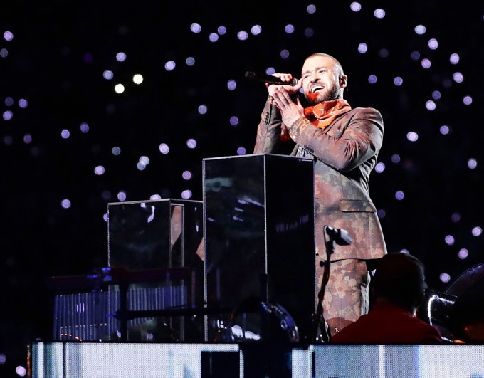 Justin Timberlake performing the halftime show at the NFL Super Bowl 52