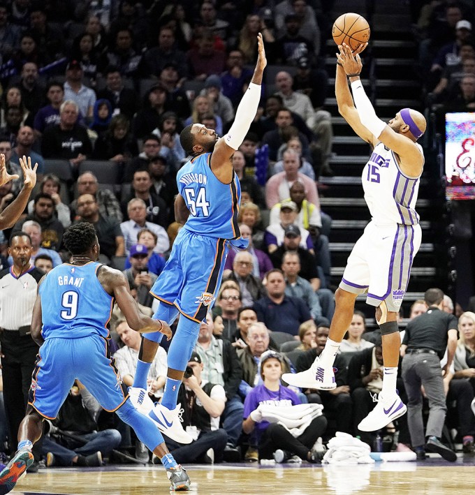 Vince Carter Gets a Shot Off Against the Oklahoma City Thunder in Sacramento in 2017