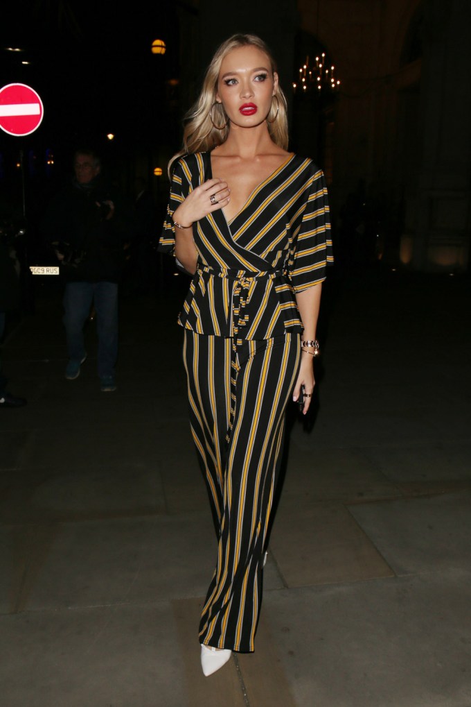 Roxy Horner Dons Stripes at a Lipsy x Abbey Clancy Event in London