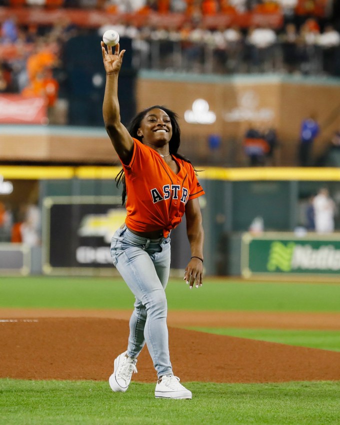 Simone Biles Throws The Opening Pitch
