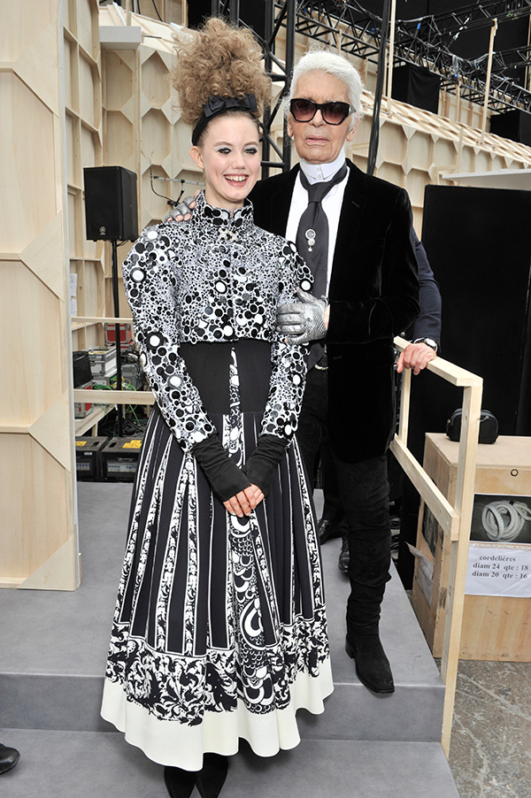 Lindsey Wixon and Karl Lagerfeld at Paris Fashion Week