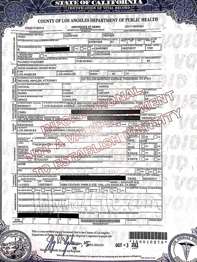 Hugh Hefner Death Certificate