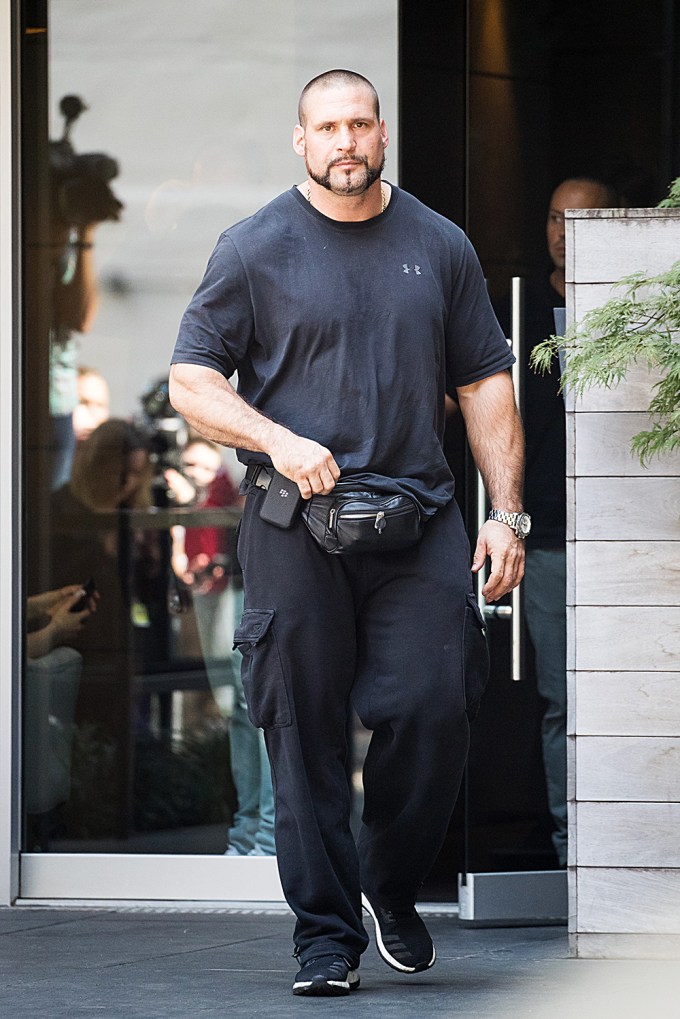 Kim Kardashian’s bodyguard, Pascal Duvier seen outside her apartment building in Tribeca, New York.