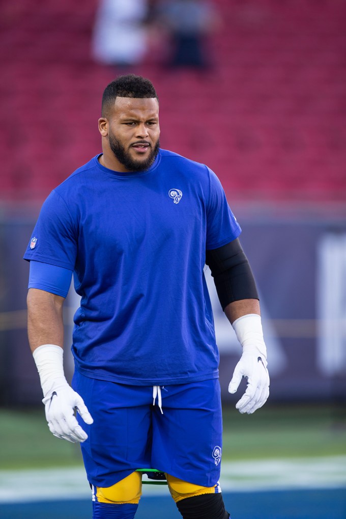 Aaron Donald in pre-game warm-ups before his Los Angeles Rams took on the Chicago Bears