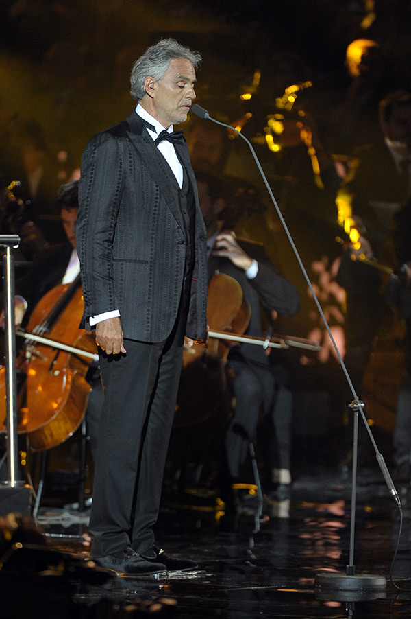 Andrea Bocelli in front of a mic