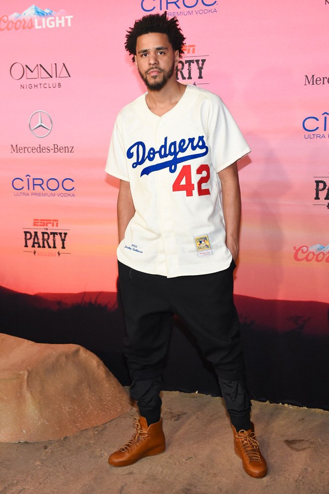 J. Cole Wearing A Dodgers Shirt At The ESPN Super Bowl XLIX Party