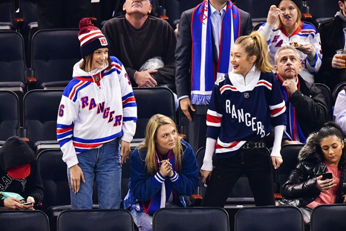 Bella Hadid & Gigi Hadid Laughing At Rangers Game