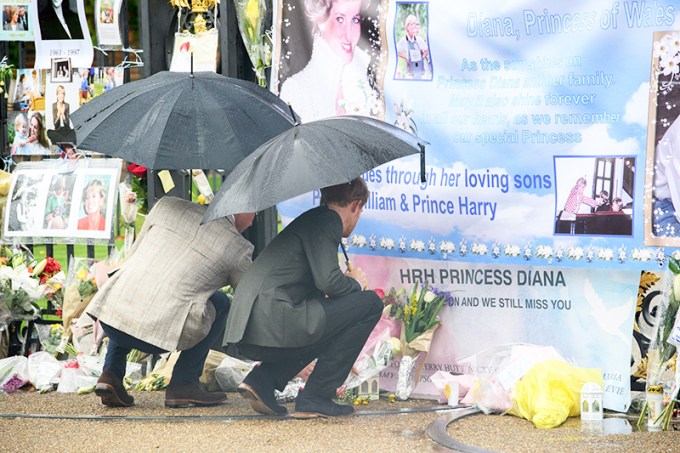 Prince William and Prince Harry kneel at their mom’s memorial