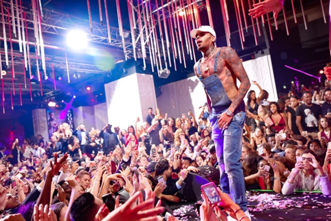 Chris Brown Performs Shirtless Under Overalls