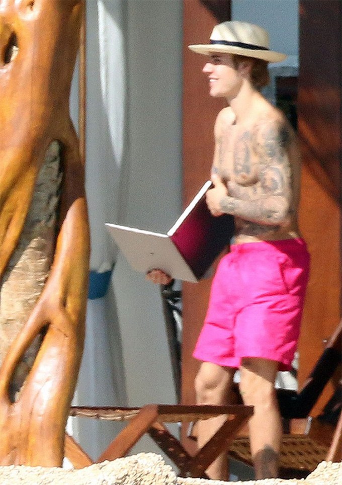 Justin Bieber Wearing Pink Bathing Suit