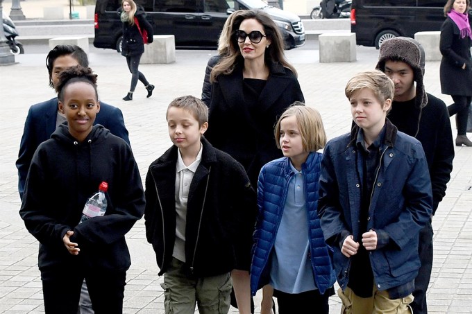 Angelina Jolie arrives at the Louvre with her kids