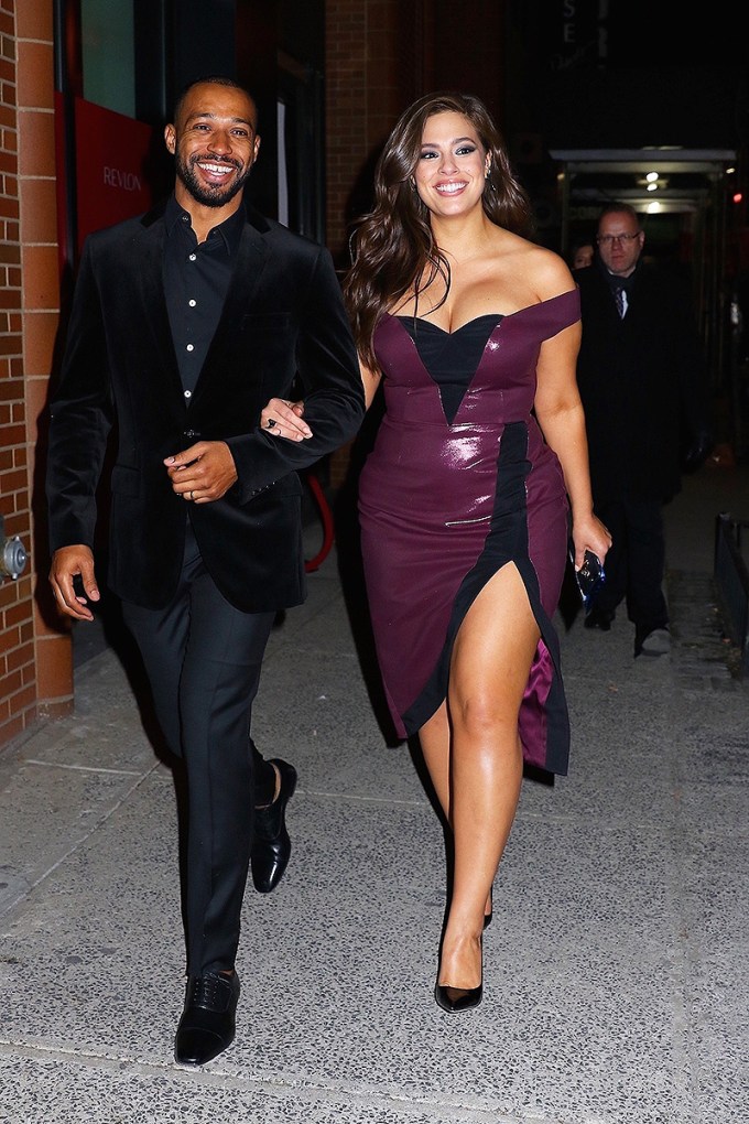 Ashley Graham in a purple leather dress
