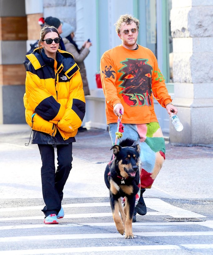 Emily Ratajkowski & Sebastian Bear-Mcclard Get Colorful For Dog Walk In Tribeca