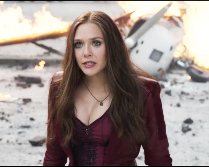 Elizabeth Olsen in character as The Scarlet Witch