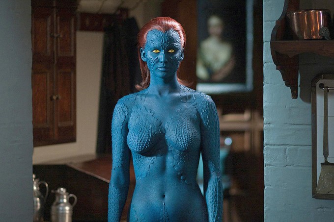 Jennifer Lawrence goes bare and blue as Mystique.