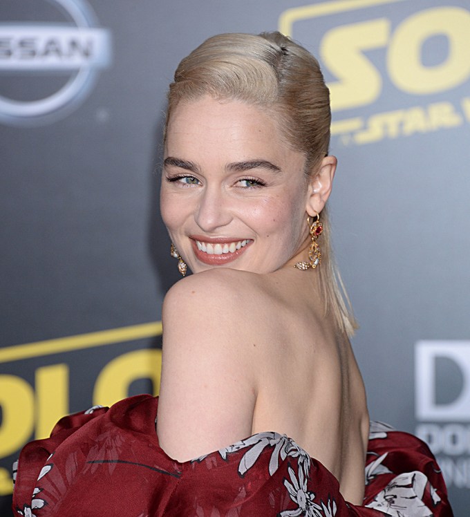 Emilia Clarke’s Gorgeous Striped Gown Promoting ‘Solo’ — See All 8 Of Her Fab Looks At Premieres
