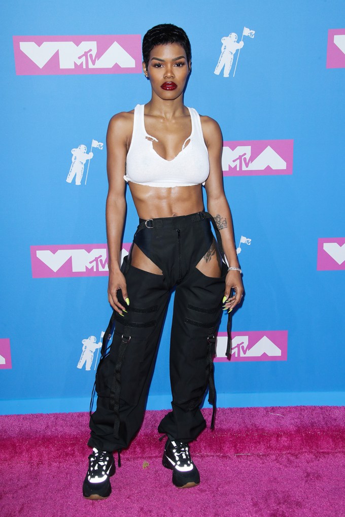 Teyana Taylor in a white crop top at the MTV VMAs