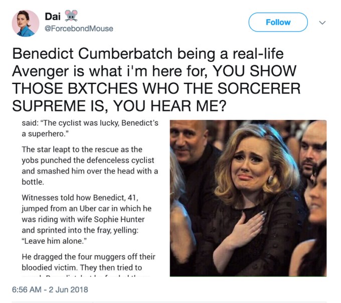 Benedict Cumberbatch Saves A Cyclist From 4 Gang Members & Twitter Showers The Real Life Hero With Memes — PICS