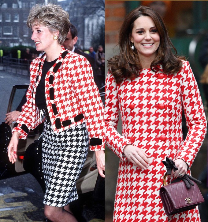 Princess Diana and Kate Middleton in similarly patterned ensembles