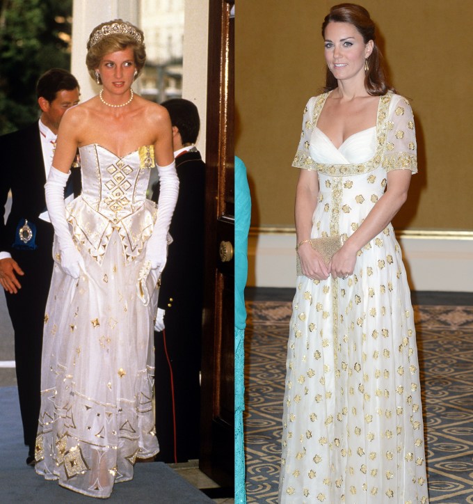 Princess Diana and Kate Middleton in similar white and gold gowns