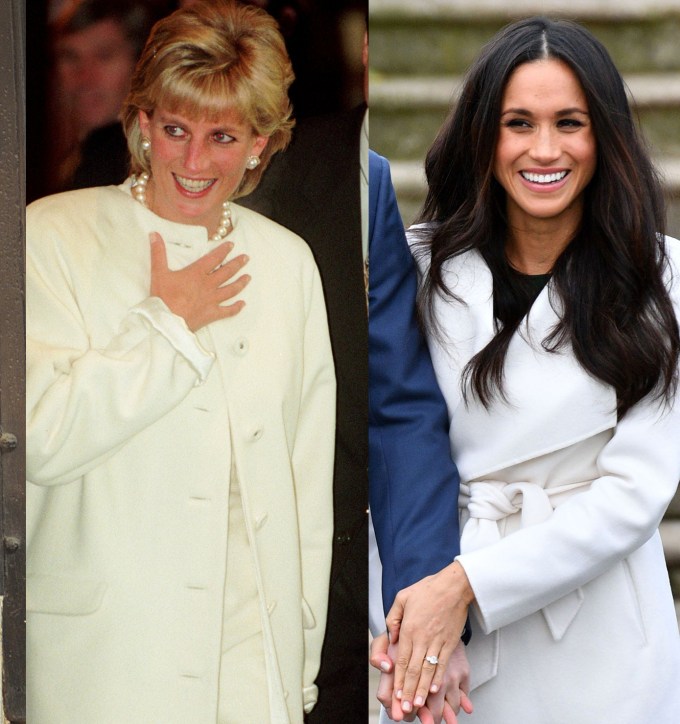 Meghan Markle and Princess Diana in white coats