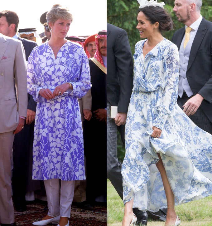 Princess Diana and Meghan in flowing floral dresses