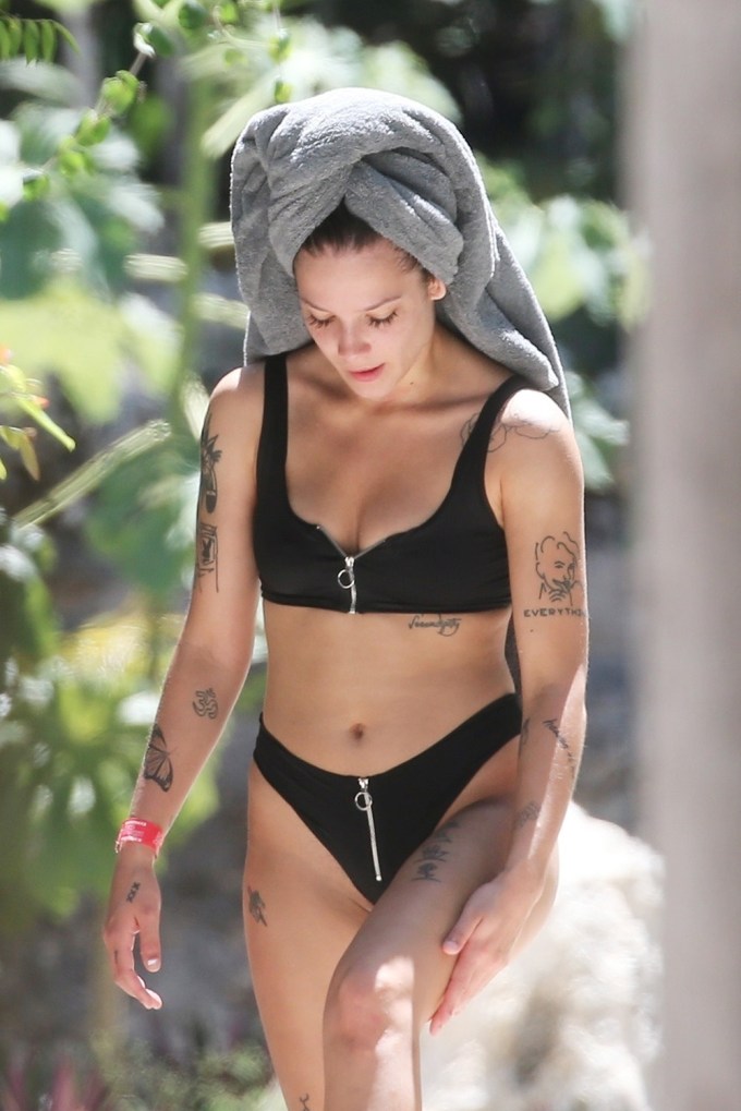 Halsey goes for a walk after a dip in the water